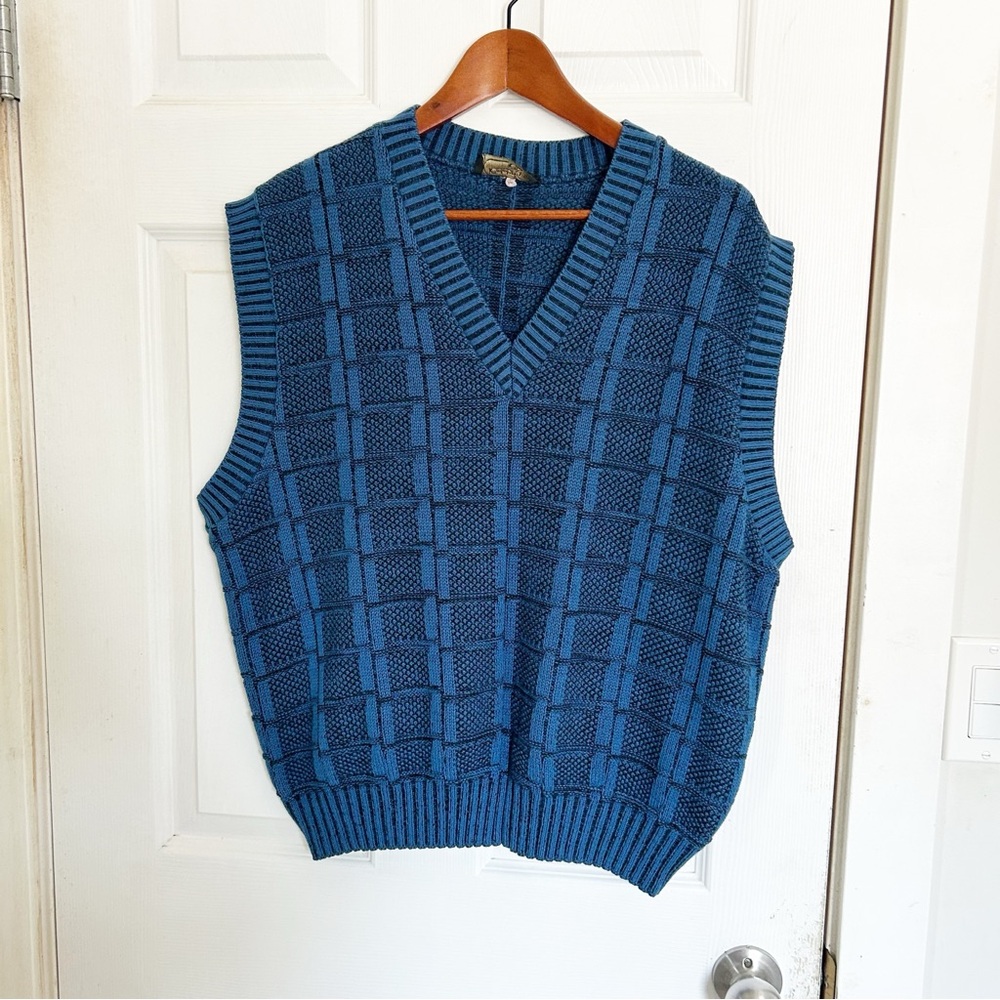 Vintage 90’s Blue & Black V-Neck Sweater Vest Oversized Unisex Slouchy Winter